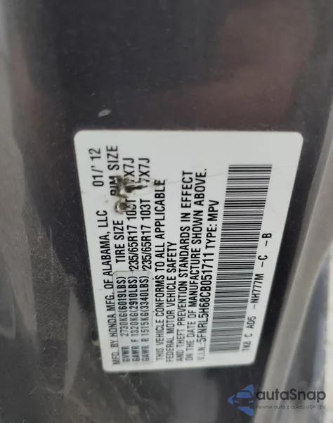 2012 Honda Odyssey Exl z USA, uszkodzony, nr VIN 5FNRL5H68CB051711